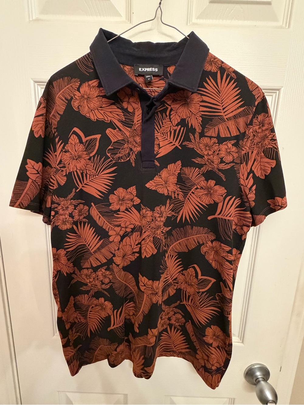 Express Black Polo with Rust Floral Print